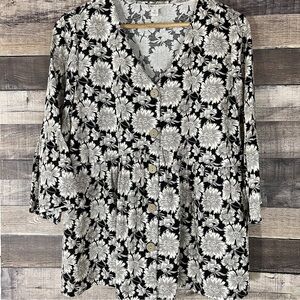Cato Black Vintage Style Floral Linen Blend Babydoll Blouse Bohemian Boho‎